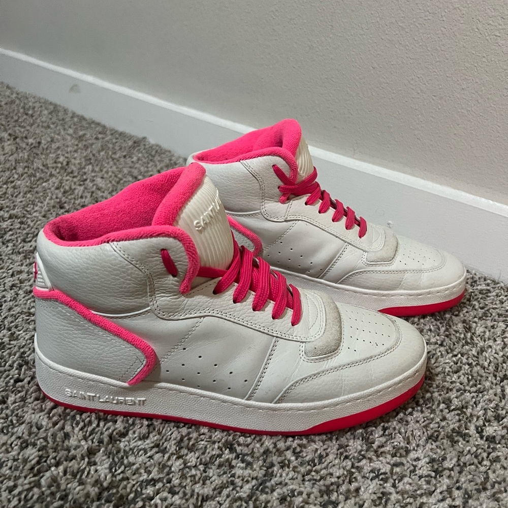 Saint Laurent White and Pink High-Top Sneakers